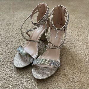top moda open toe champagne heels with rhinestones